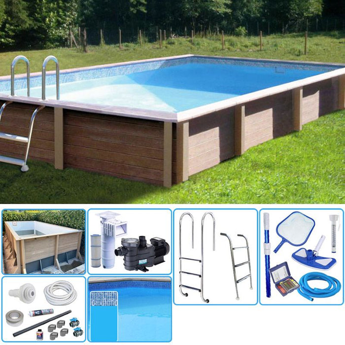 Kit Piscina Cemento Effetto Legno Naturalis Rettangolare 7,50 X 3,24 X H 1,40 M Con Filtrazione A Cartuccia