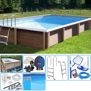 Kit Piscina Cemento Effetto Legno Naturalis Rettangolare 6,09 X 3,24 X H 1,28 M Con Filtrazione A Sabbia