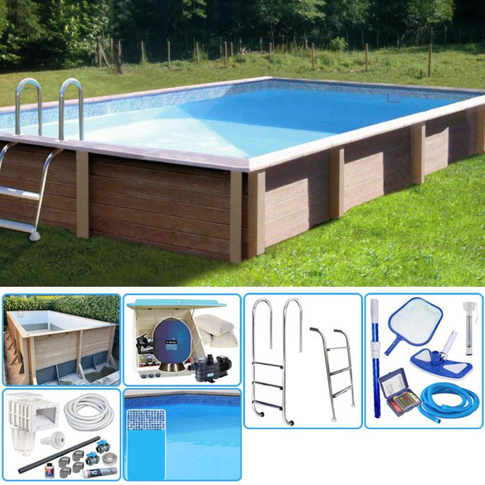 Kit Piscina Cemento Effetto Legno Naturalis Rettangolare 7,50 X 3,24 X H 1,40 M Con Filtrazione A Sabbia E Locale Tecnico