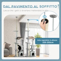Albero Tiragraffi per Gatti a Soffitto con Piattaforme e Casetta, 60x40x225-255cm, Grigio