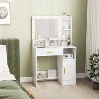 Tavolo da Trucco con Specchio e 10 Luci LED, Luminosità Regolabile, Cassetto, Armadietto e Mensole Aperte, 80x40x135cm, Bianco