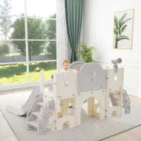 8-in-1 Scivolo per Bambini, Gioco da Arrampicata Multifunzionale con 2 Scivoli, Scala da Arrampicata, Canestro da Basket, Gioco del Lazo, Binocolo, Armadietti, 200×165×95 cm,Grigio antico bianco