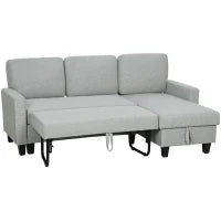 Divano Letto 3 Posti con Chaise e Spazio Contenitore, in Tessuto Effetto Lino, 197x129x85 cm, Grigio e Nero