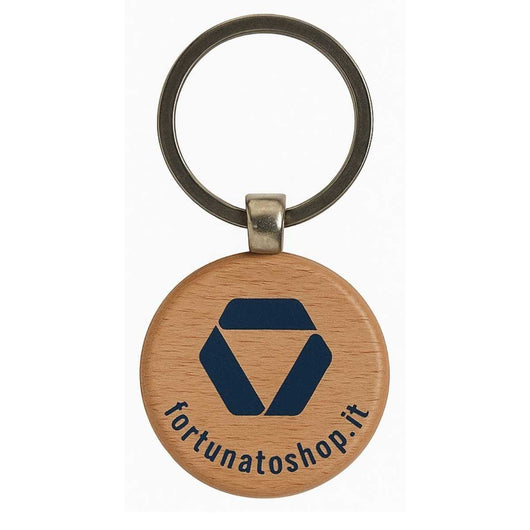 Portachiavi rotondo personalizzato in legno con logo geometrico blu scuro