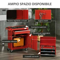 DURHAND Carrello Porta Attrezzi 2 in 1 con Cassetta Rimovibile e Armadietto con Chiave in Acciaio, Rosso