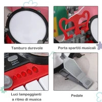Set Batteria per Bambini con Strumenti Musicali, Batteria Jazz con 5 Tamburi e Sgabello, Giocattolo Musicale Educativo per Bambini, Effetti Sonori e Microfono Giocattolo, 77.5x40x76.5cm, Rosso