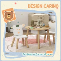 Set con Tavolo e 2 Sedie per Bambini con Schienale a Orsetto, Tavolino con Vano Contenitore, Bianco e Legno