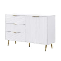Credenza con ante e ripiani interni, cassetti, maniglie e gambe dorate, 120x38x80,5 cm, Bianco