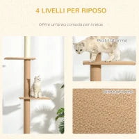 Albero Tiragraffi per Gatti a 4 Livelli con Altezza Regolabile, Marrone, 43x27x228-260cm
