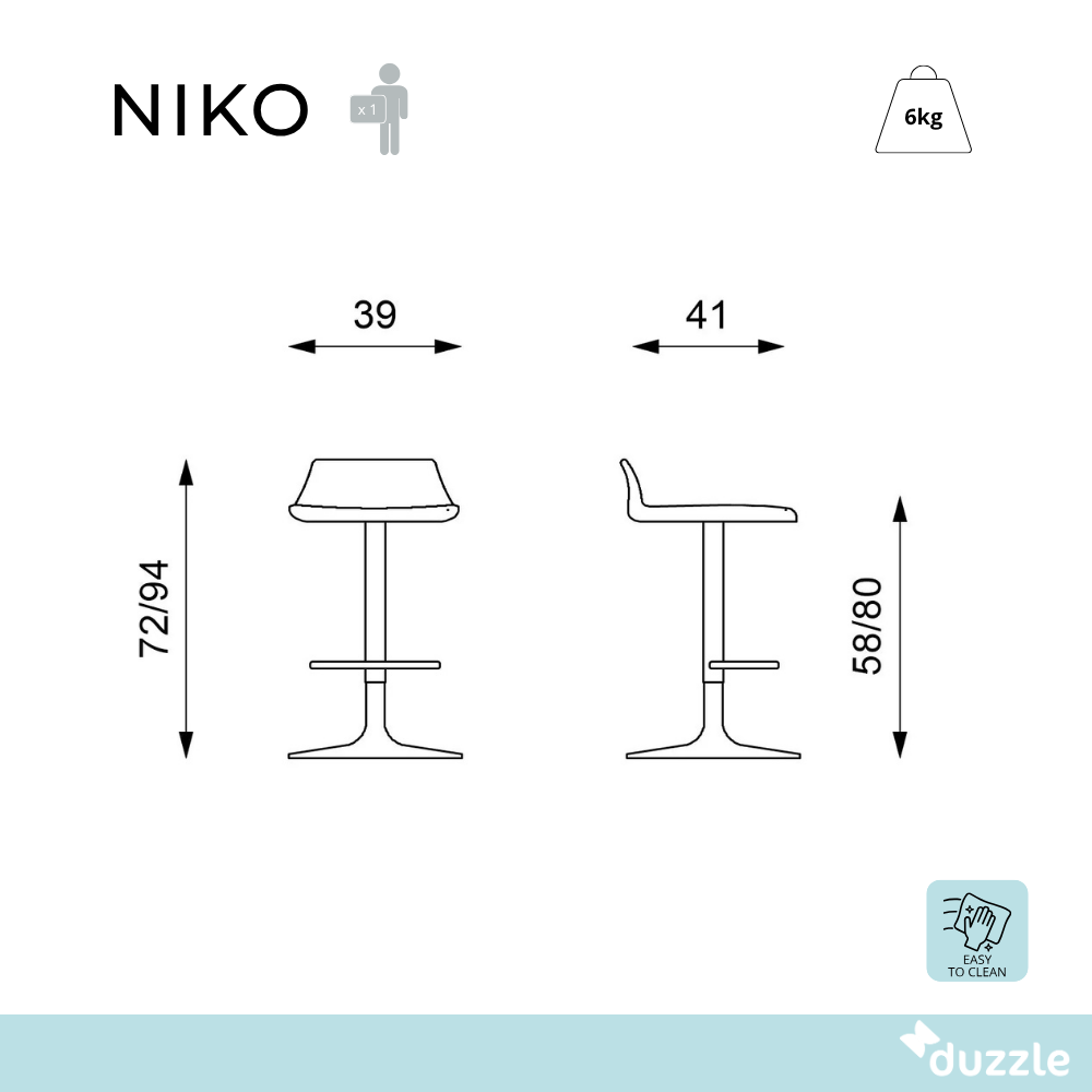 Sgabello da bar e cucina regolabile in altezza in polipropilene nero Niko con struttura in metallo e poggiapiedi | Duzzle