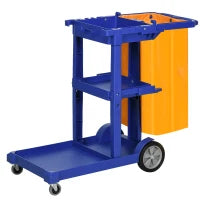 Carrello Pulizie a 3 Ripiani con Ganci e Sacco da 100L, 121x50.5x96.5 cm, Blu Giallo e Grigio