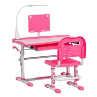 Set Scrivania per Bambini 6-12 Anni con Sedia Regolabile in Altezza, Cassetto, Luce e Piano Inclinabile, Rosa