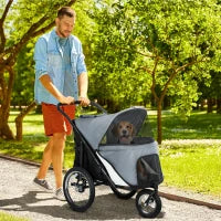 Passeggino per cani 3 ruote con piegatura facile, borsa portaoggetti, cuscino soffice, guinzaglio di sicurezza, grigio