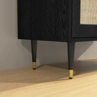 Credenza da Cucina, Mobiletto di Archiviazione a Doppia Anta con 2 Livelli, Design Bohémien,, Frontale in Rattan, 80 x 38 x 79 cm, Nero