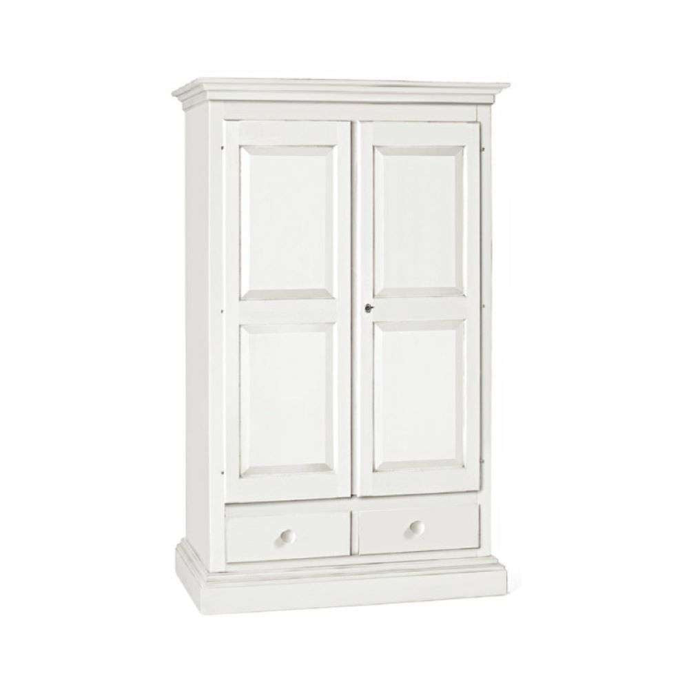 Armadio a cappello dritto appendiabiti con bastone e 2 ante 2 cassetti in legno massello e mdf con rifinitura in bianco 125x61x200 H