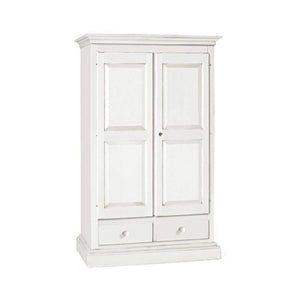 Armadio a cappello dritto appendiabiti con bastone e 2 ante 2 cassetti in legno massello e mdf con rifinitura in bianco 125x61x200 H