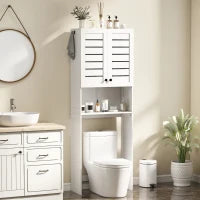 Mobile Sopra WC con Armadietto a 2 Ante e Ripiano Aperto, in Legno Bianco, 67x31.5x190 cm