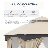 Gazebo da Giardino 3x3m in Acciaio con Doppio Tettuccio e Tende, Beige e Grigio