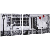 Stampa su Tela con Bambina, 80x40cm, 5 Pezzi per Casa e Ufficio, Tela in Legno di Pino e Vernice ad Acqua, Nero Bianco Rosso