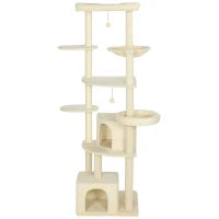 Albero per Gatti Alto 200 cm Multilivello con 2 Casette, 2 Lettini e Amaca, Struttura per 2-3 Gatti, Beige