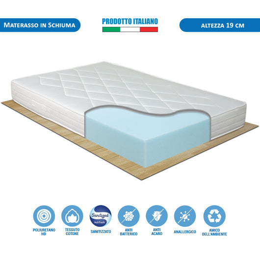 Materasso waterfoam alto 19cm modello Norvegia, per letto piazza e mezza 120x190, antiacaro e anallergico - Comprarredo
