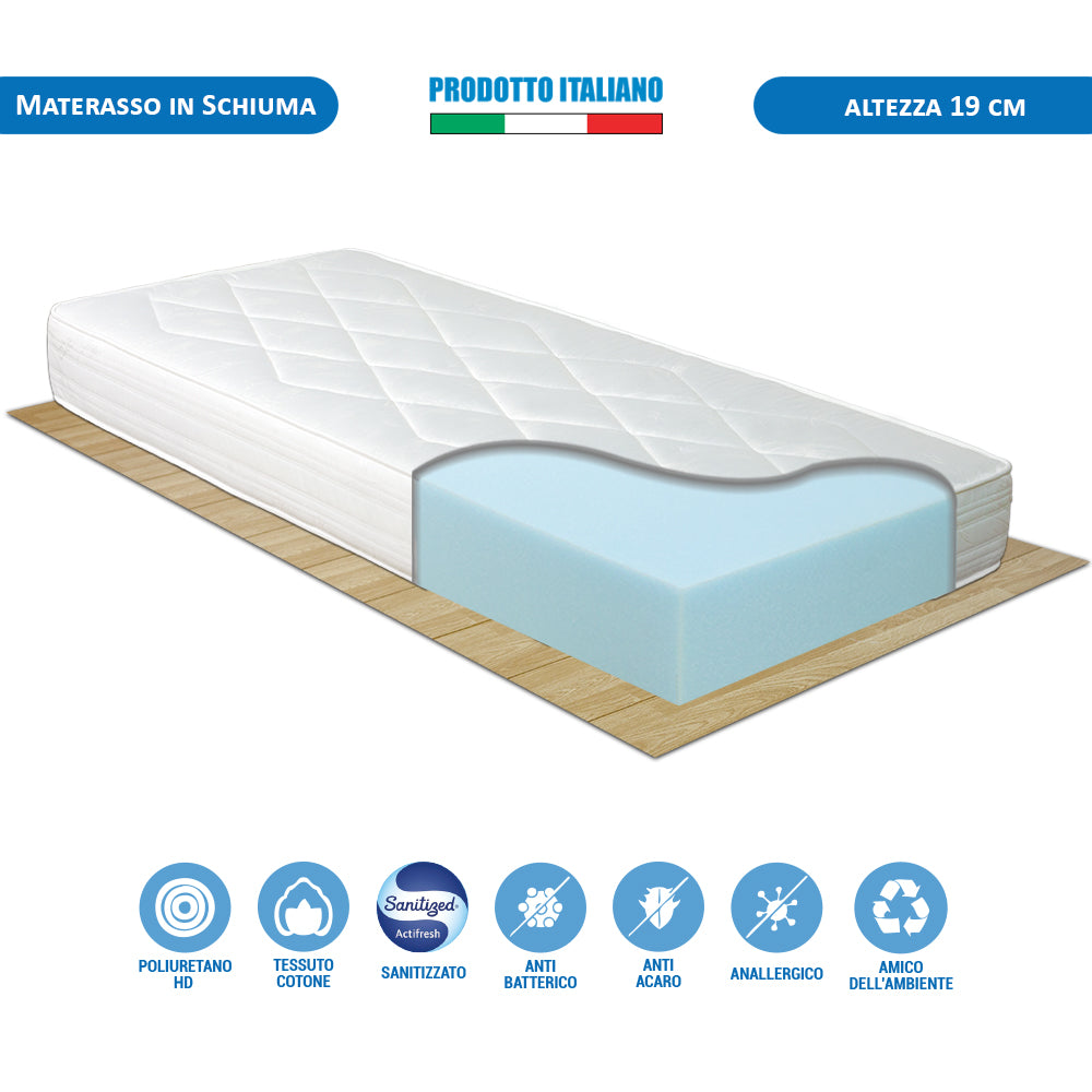 Materasso waterfoam alto 19cm modello Norvegia, per letto singolo 80x190, antiacaro e anallergico - Comprarredo