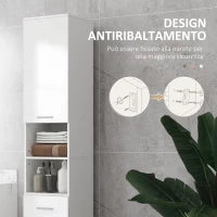 kleankin Colonna Bagno con Cassetto, 2 Ripiani Aperti e 2 Armadietti a 2 Livelli, in Legno, 30x30x180 cm, Bianco Lucido