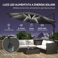 Ombrellone a Braccio per Esterno con Luci a LED e Angolo Regolabile, in Alluminio e Poliestere Ø3x2.5 m, Grigio