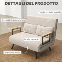 Divano Letto 3 in 1 in Tessuto Effetto Velluto con Schienale Regolabile e 2 Cuscini, 102x73x81 cm, Bianco Crema
