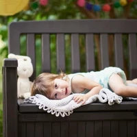 Panchina Contenitore da Giardino Patio, 227L, Effetto Legno, Grafite, 132,7x61,2x89H cm