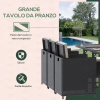 Set 11 PZ Mobili da Giardino in Rattan da Esterno con Tavolo in Vetro Temperato e Cuscini, Set da Pranzo, Nero