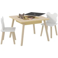 Set Tavolo 3 in 1 e 2 Sedie per Bambini con Schienale a Orsetto, Età 3-6 Anni, Colore Legno
