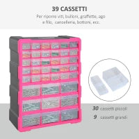 DURHAND Cassettiera in Plastica Portaminuterie con 39 Cassetti Trasparenti, Montaggio a Muro o a Terra 38x16x47.5cm Rosa
