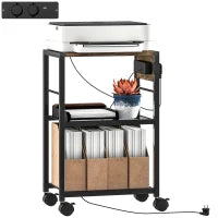 Supporto per stampante Supporto per stampante con ruote, prese, porte USB e USB-C fino a 40 kg Marrone Rustico