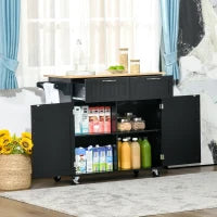 Carrello da Cucina Multiuso in Legno con 2 Cassetti, Armadietto e 4 Ruote, 104x46x91cm, Nero