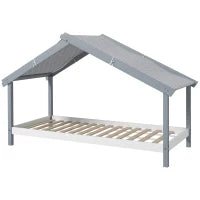 Letto a Casetta in Legno di Pino a 15 Doghe con Tetto Stellato in Tessuto, 213x100x140 cm, Grigio