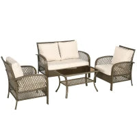 Salotto da Giardino a 4 Posti da 4 Pezzi, Stile Coloniale, Tavolino, Cuscini Beige Inclusi, in Resina Intrecciata, Marrone Chiaro