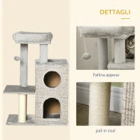 Tiragraffi per Gatti da 5kg max con Lettino e Pallina da Gioco, in Truciolato, Peluche e Sisal, 60x40x91 cm