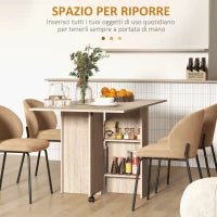 Tavolo Pieghevole con 2 Ribalte per 6 Persone con Ripiani e Rotelle Integrate, Legno Naturale