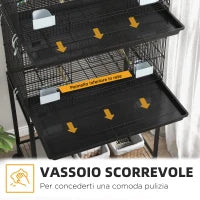 Gabbia per Uccelli in Acciaio e PP, Design Impilato con Posatoi, Altalene e Scalette, 77x46x164 cm, Nero