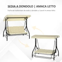 Dondolo da Giardino 3 Posti con Tettuccio Regolabile, in Metallo e tessuto Teslin, Beige e Nero