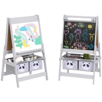 Lavagna per Bambini con Cavalletto 3 in 1 e 2 Contenitori, Età 3-8 anni, 54x46.5x93cm, Grigio