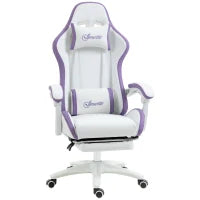 Sedia da Gaming con Altezza Regolabile e Schienale Reclinabile, 65x65x121-129 cm, Bianco e Viola