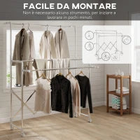 Stendibiancheria Pieghevole con 3 Barre Regolabili, Ruote Girevoli e Struttura in Acciaio Inox, Argento