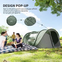 Tenda da Campeggio Pop Up 2 Posti con 2 Porte, 4 Finestre e Telo Impermeabile, 263.5x220x123 cm, Verde Scuro