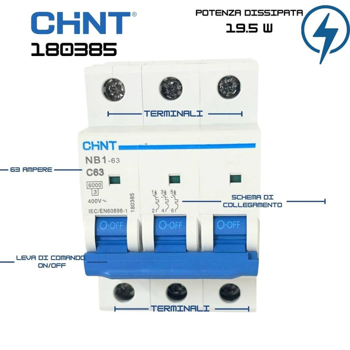 Chint nb1-63 interruttore magnetotermico 3p curva c 6ka guida din *** ampere 63 ampere, confezione 1