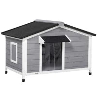 Casetta per Cani in Legno con Design Rialzato, Tenda Protettiva e 2 Finestre, 109x79x72 cm