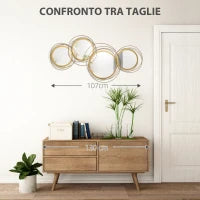 Decorazione Murale 3D in Metallo, Wall Art a Cerchi con Specchi 107x56cm, Oro