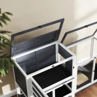 Conigliera a 2 Livelli con Rampa e 3 Vassoi, in Legno di Abete e Acciaio, 147x45x89.5 cm, Grigio e Bianco