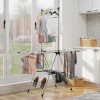 Stendibiancheria Verticale Pieghevole con Ali Regolabili 4 Supporti per Scarpe Barra e Ripiano 139x62,5x201 cm Argento